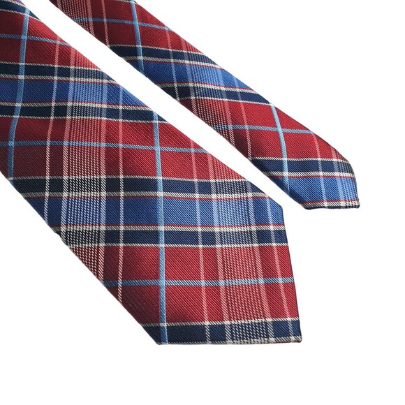 Roundtree Yorke All Silk Handmade Red Blue Plaid Necktie Patriotic Election - Picture 2 of 6